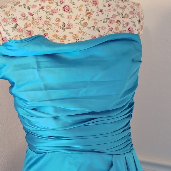 Lulus Ethereal Excellence Teal Blue Satin Pleated Strapless Maxi Dress! L - Picture 3 of 5